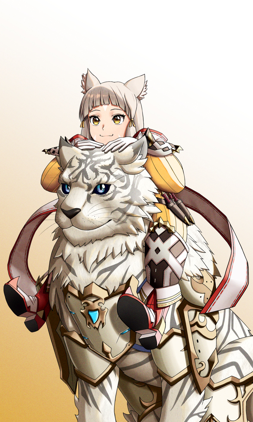 1girl absurdres animal_ear_fluff animal_ears armored_boots bangs boots brown_hair cat_ears cat_girl closed_mouth dromarch_(xenoblade) facepaint full_body gloves highres jumpsuit long_sleeves mahyohan_(johnmah) nia_(xenoblade) riding shoe_soles short_hair smile solo tiger two-tone_background white_background white_gloves xenoblade_chronicles_(series) xenoblade_chronicles_2 yellow_background yellow_eyes yellow_jumpsuit