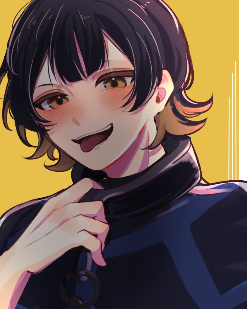 1boy bachira_meguru bangs black_hair blonde_hair blue_lock blush cha_be6 chain cuffs highres looking_at_viewer male_focus multicolored_hair open_mouth shackles short_hair simple_background smile solo tongue tongue_out two-tone_hair upper_body yellow_background yellow_eyes