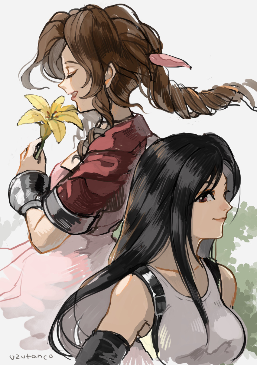 2girls absurdres aerith_gainsborough artist_name bangle bangs bare_shoulders black_gloves black_hair bracelet braid braided_ponytail breasts choker closed_eyes closed_mouth commentary_request cropped_jacket dress elbow_gloves final_fantasy final_fantasy_vii final_fantasy_vii_remake flower gloves hair_ribbon highres holding holding_flower jacket jewelry long_dress long_hair looking_at_viewer medium_breasts multiple_girls open_mouth parted_bangs pink_dress pink_ribbon pointy_nose red_eyes red_jacket ribbon shirt short_sleeves sidelocks sleeveless sleeveless_shirt smile suspenders tifa_lockhart upper_body uzutanco wavy_hair white_shirt yellow_flower