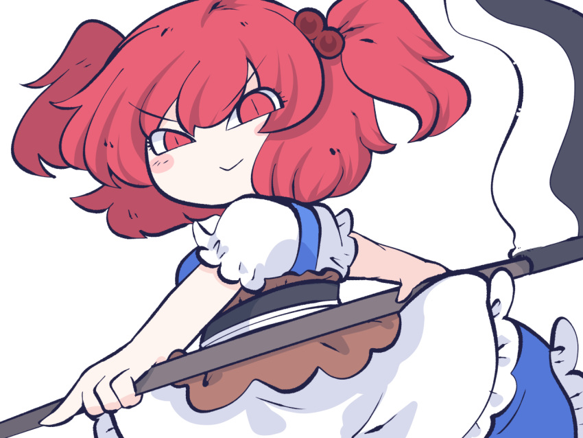 1girl black_sash blue_dress blush_stickers brown_sash closed_mouth dress fried_rice0614 hair_bobbles hair_ornament holding holding_scythe one-hour_drawing_challenge onozuka_komachi red_eyes redhead sash scythe short_hair short_sleeves simple_background smile solo touhou two_side_up white_background white_dress