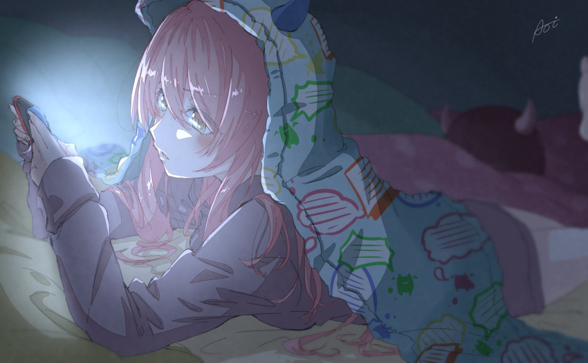 1girl blush brown_hair highres idolmaster idolmaster_shiny_colors indoors kpaoi lying night nintendo_switch on_bed on_stomach osaki_tenka playing_games solo