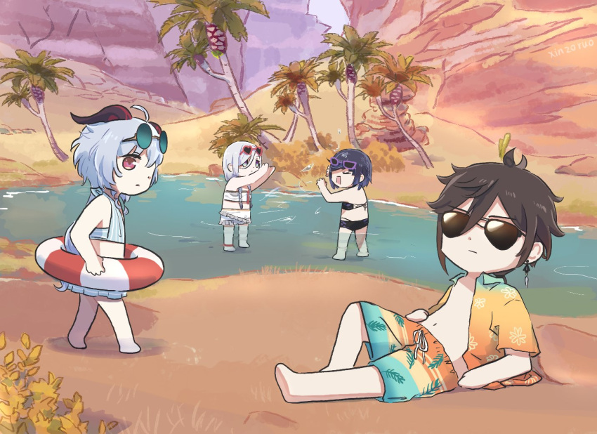 1boy 3girls alternate_costume artist_name blue_hair braid chibi commentary_request eyewear_on_head genshin_impact horns innertube mountain multiple_girls open_clothes open_shirt outdoors palm_tree river shenhe_(genshin_impact) shirt splashing sunglasses swimsuit tree twin_braids water xinzoruo yelan_(genshin_impact) zhongli_(genshin_impact)