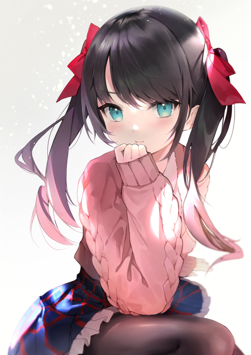 1girl 2021 bangs black_hair black_pantyhose blue_eyes bow closed_mouth hair_bow highres hololive long_sleeves looking_at_viewer official_alternate_costume oozora_subaru pantyhose pink_sweater simple_background sitting skirt sleeves_past_wrists smile solo sweater twintails virtual_youtuber white_background yuzukicture
