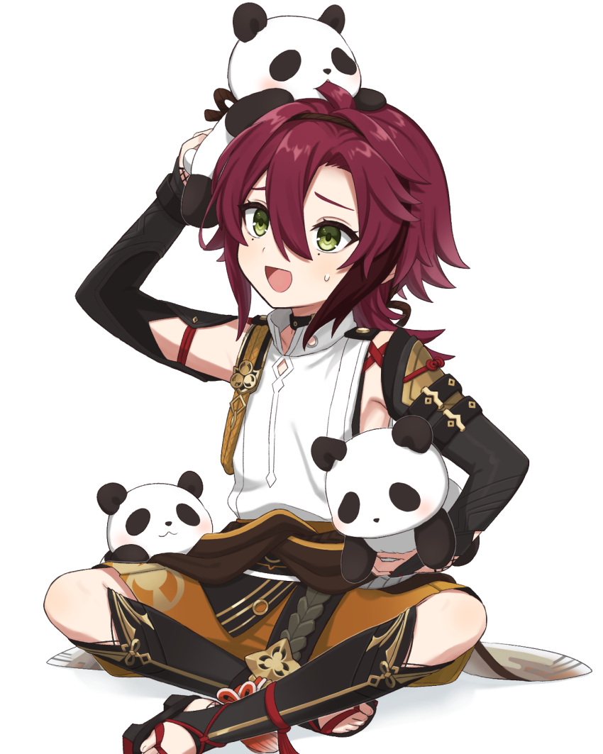 1boy 3others ahoge armor genshin_impact geta green_eyes hair_between_eyes hakama hakama_shorts highres japanese_armor japanese_clothes kote kurokote male_focus mole mole_under_eye multicolored_hair multiple_others open_mouth orange_shorts panda panri redhead shikanoin_heizou shorts smile streaked_hair white_background