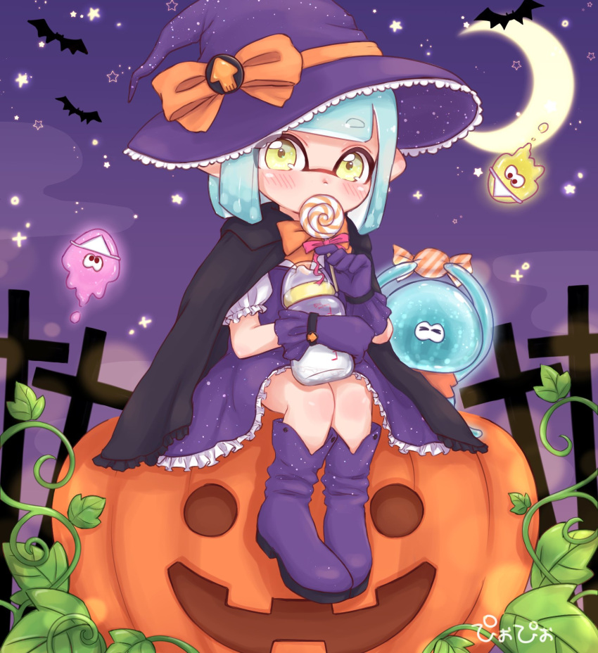 1girl aqua_hair artist_name bangs bat_(animal) black_cape blue_headwear blunt_bangs blunt_ends bob_cut boots bottle bow bowtie candy cape crescent_moon dress english_commentary food frilled_sleeves frills ghost_costume gloves graveyard halloween halloween_costume hat hat_bow highres holding holding_bottle holding_candy holding_food holding_lollipop inkling inkling_girl jack-o'-lantern jellyfish_(splatoon) lollipop looking_at_viewer medium_dress mixed-language_commentary moon night night_sky orange_bow orange_bowtie outdoors pioxpioo purple_dress purple_footwear purple_gloves short_hair short_sleeves signature sitting sky splatoon_(series) squid star_(sky) starry_sky tentacle_hair witch_hat yellow_eyes