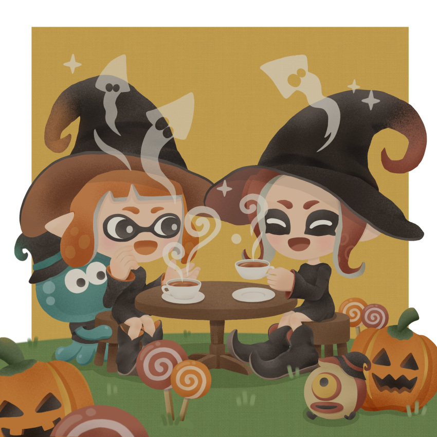 2girls :d ^_^ black_dress black_eyes black_footwear black_headwear boots candy closed_eyes colored_tongue cup dress food grass halloween hat highres holding holding_cup inkling inkling_girl jack-o'-lantern jellyfish_(splatoon) lollipop long_hair long_sleeves multiple_girls no_nose octarian octoball octoling octoling_girl open_mouth orange_hair orange_tongue plate pointy_ears pumpkin redhead short_hair sitting smile sparkle splatoon_(series) sprikasan steam stool swirl_lollipop table tea teacup witch_hat