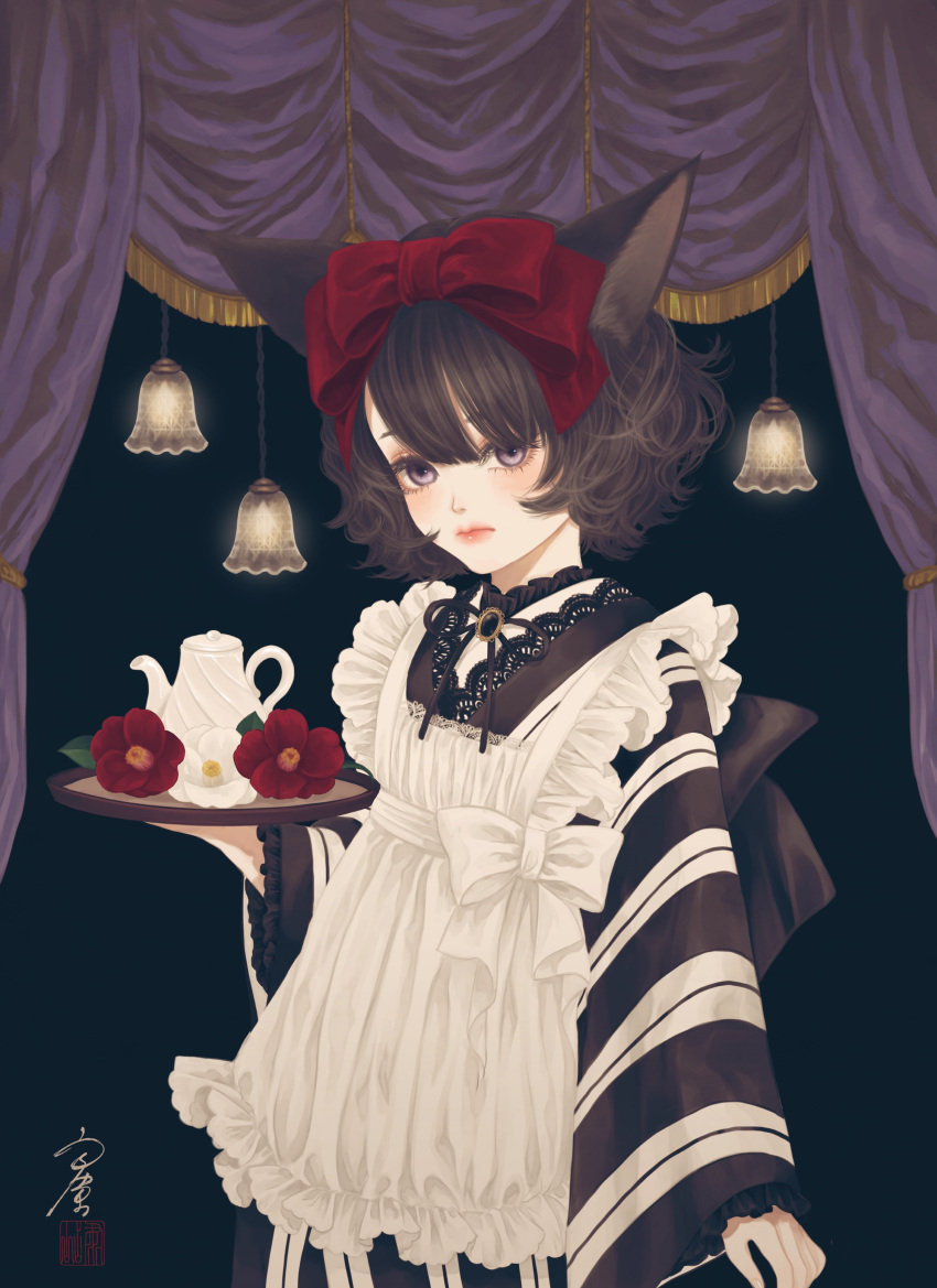 1girl absurdres animal_ears apron bangs black_background black_kimono bolo_tie bow brooch brown_hair camellia cat_ears closed_mouth commentary curtains flower frilled_apron frills hair_bow highres holding holding_tray japanese_clothes jewelry kimono lace_trim lamp long_sleeves looking_at_viewer maid_apron medium_hair original red_bow red_flower seal_impression signature solo striped striped_kimono symbol-only_commentary teapot tray ushiyama_ame violet_eyes wa_maid wavy_hair white_apron white_flower wide_sleeves