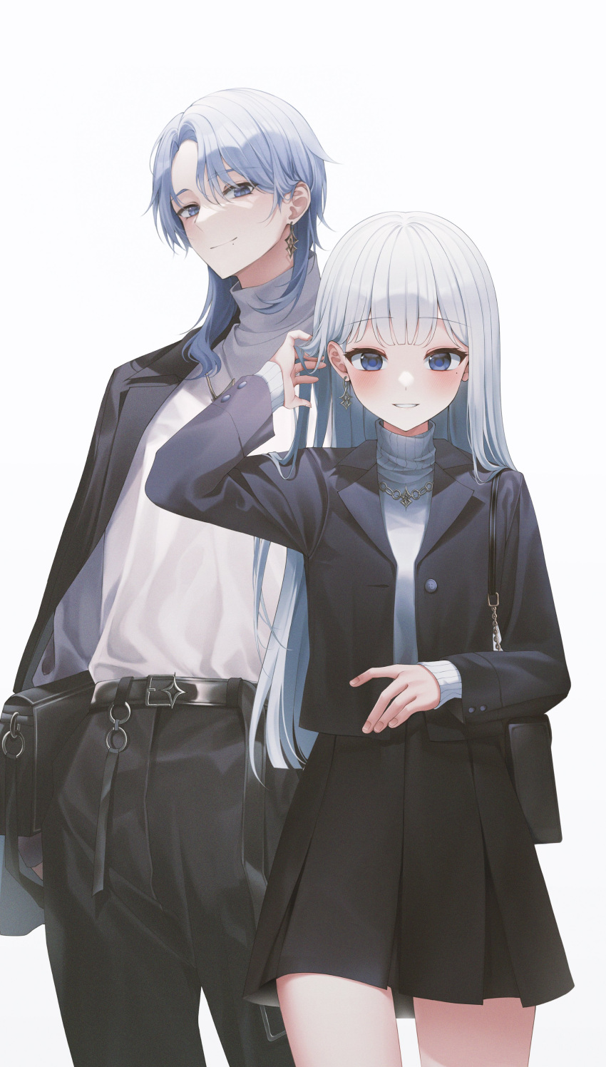 1boy 1girl absurdres alternate_costume alternate_hairstyle arm_up bag bangs belt black_bag black_belt black_jacket black_pants black_skirt blue_eyes blue_hair blush breasts brother_and_sister buttons chain closed_mouth collared_jacket earrings fingernails genshin_impact gold_chain gradient gradient_background grey_background grey_sweater hair_between_eyes hands_up highres jacket jewelry kamisato_ayaka kamisato_ayato long_hair long_sleeves looking_at_viewer medium_breasts medium_hair mole mole_under_eye mole_under_mouth necklace no_headwear open_clothes open_jacket pants puffy_long_sleeves puffy_sleeves siblings single_earring skirt smile solcha standing star_(symbol) sweater teeth white_background white_sweater