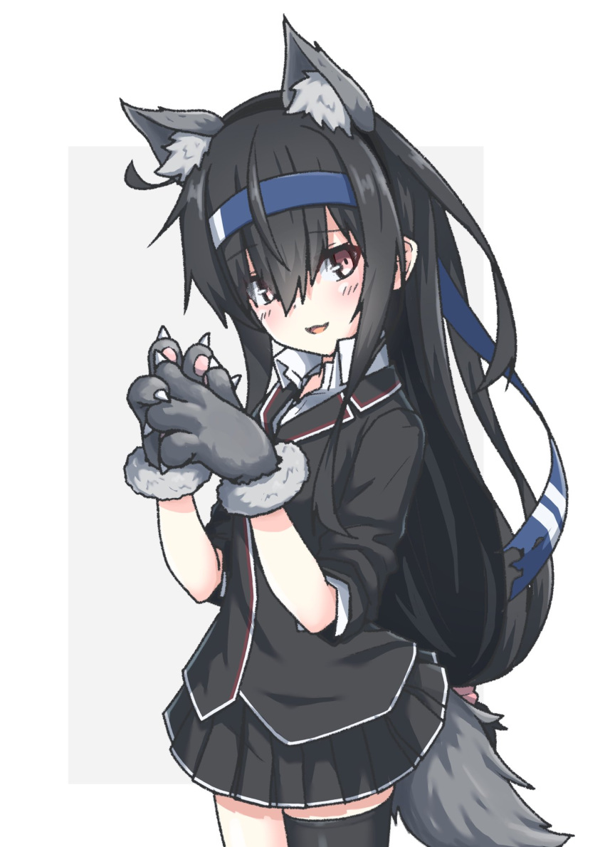 1girl animal_ears animal_hands black_hair black_jacket black_skirt black_thighhighs blazer blue_headband cowboy_shot gloves hatsushimo_(kancolle) hatsushimo_kai_ni_(kancolle) headband highres jacket kantai_collection long_hair low-tied_long_hair paw_gloves pleated_skirt red_eyes school_uniform simple_background single_thighhigh skirt solo tail thigh-highs umino_ht white_background wolf_ears wolf_tail