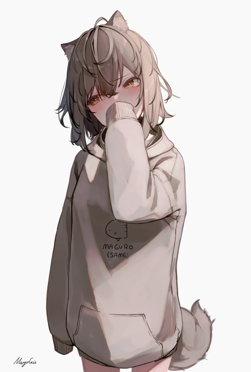 1girl animal_ear_fluff animal_ears bangs blush brown_eyes brown_hair clothes_writing commentary cowboy_shot grey_background grey_hoodie hair_between_eyes hand_up highres hood hood_down hoodie long_sleeves looking_away looking_to_the_side mayogii original romaji_text simple_background sleeves_past_fingers sleeves_past_wrists solo symbol-only_commentary tail