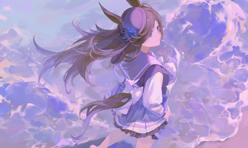 1girl absurdres animal_ears beach brown_hair floating_hair from_above from_behind highres hlymoriia horse_ears horse_girl horse_tail long_hair ocean purple_theme rice_shower_(umamusume) solo tail umamusume very_long_hair water waves