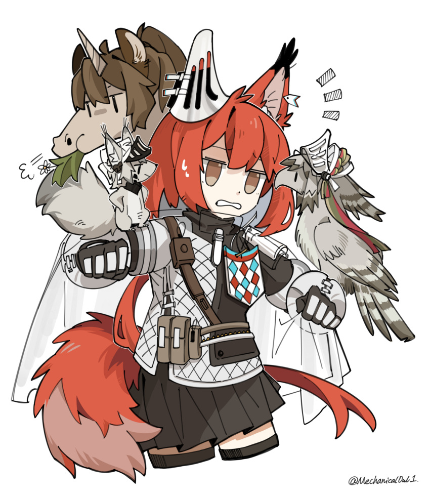 1girl absurdres animal_ears animal_on_arm animalization arknights ashlock_(arknights) bird bird_on_arm black_skirt black_thighhighs brown_eyes cowboy_shot cropped_legs ear_covers eating fartooth_(arknights) flametail_(arknights) flower gauntlets highres mechanical_owl notice_lines oripathy_lesion_(arknights) pleated_skirt redhead shirt short_hair_with_long_locks simple_background skirt squirrel squirrel_ears squirrel_girl squirrel_tail sweatdrop tail thigh-highs twitter_username unicorn white_background white_flower white_shirt wild_mane_(arknights) zettai_ryouiki