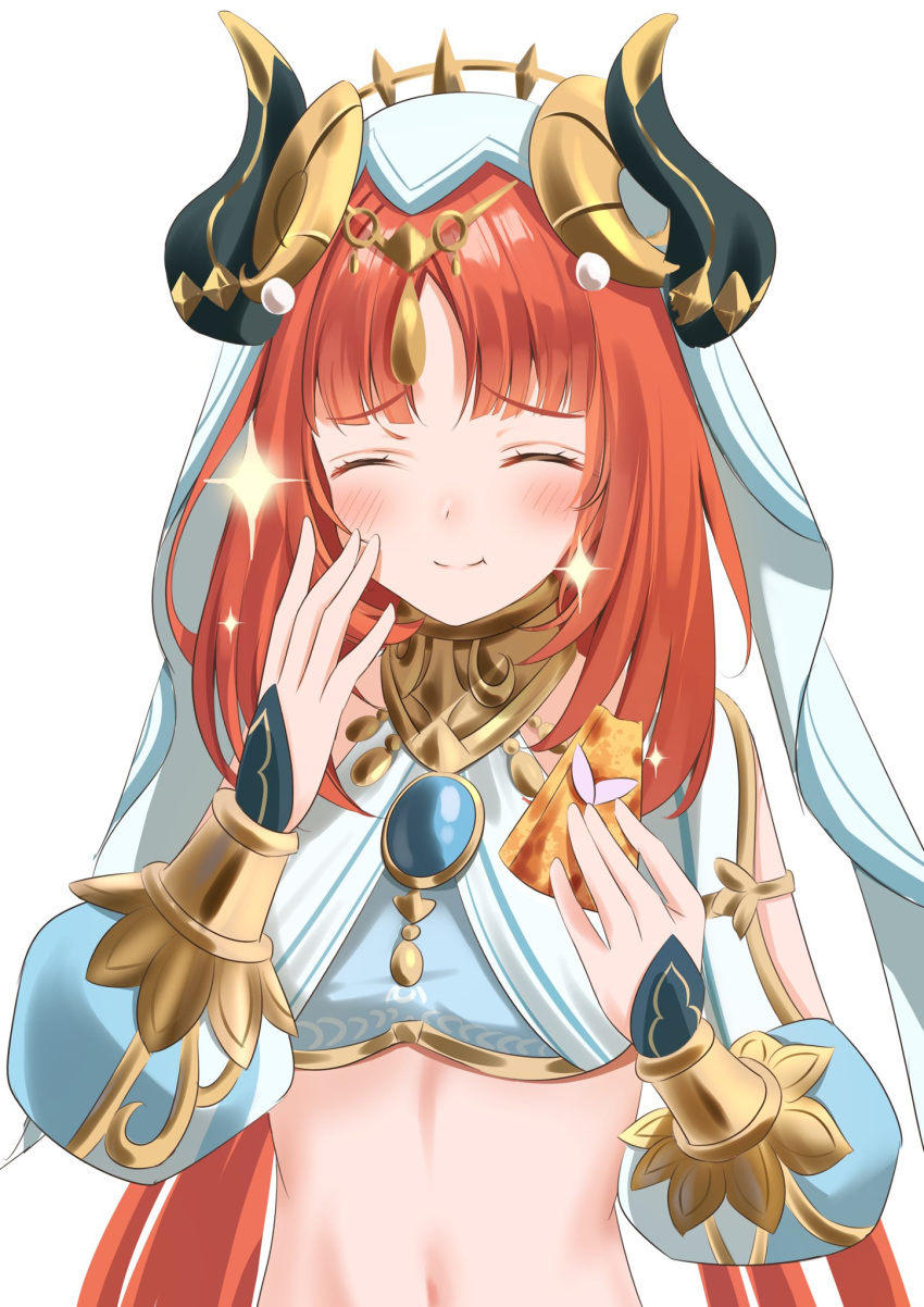 1girl bangs blush breasts brooch cake cake_slice circlet closed_eyes closed_mouth commentary_request crop_top facing_viewer food genshin_impact gold_trim hands_up happy highres holding holding_food horns jewelry komiya_latte long_hair long_sleeves medium_breasts navel neck_ring nilou_(genshin_impact) parted_bangs puffy_long_sleeves puffy_sleeves raised_eyebrows redhead smile solo sparkle stomach twintails upper_body veil white_headwear