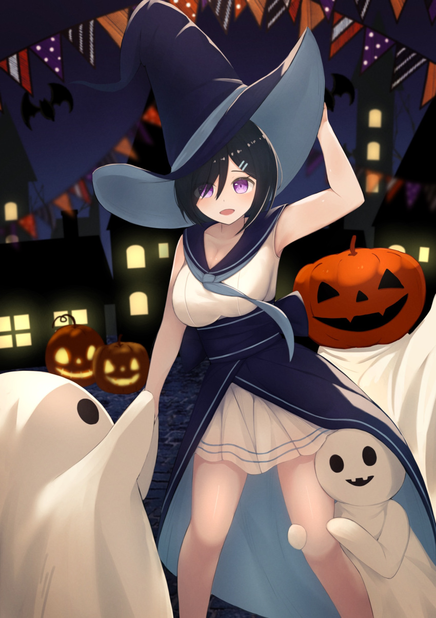 1girl arm_grab arm_up bangs black_hair blue_neckerchief blue_sailor_collar blurry blurry_background commentary depth_of_field dress ghost_costume hair_ornament hairclip halloween halloween_costume hand_on_headwear hat highres jack-o'-lantern jack-o'-lantern_head kazama_ran leg_hair looking_at_viewer neckerchief night open_mouth original outdoors sailor_collar sailor_dress short_dress short_hair sleeveless sleeveless_dress smile standing string_of_flags swept_bangs waist_cape white_dress witch witch_hat