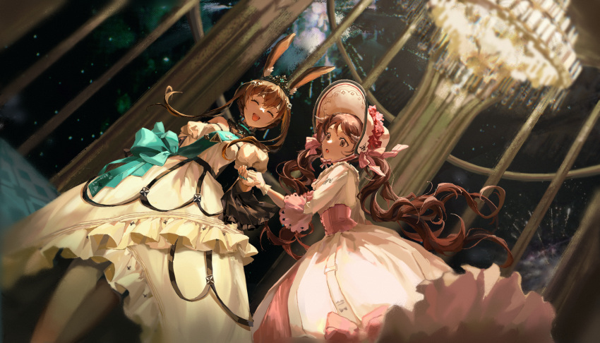 2fw16 2girls :d :o absurdres ambience_synesthesia amiya_(arknights) animal_ear_fluff animal_ears aqua_ribbon arknights bare_shoulders black_collar blush bonnet bow brown_eyes brown_hair chandelier chinese_commentary closed_eyes collar commentary corset dress eyjafjalla_(arknights) glass gloves hair_between_eyes highres holding_hands horns indoors jewelry long_hair looking_at_viewer multiple_girls off-shoulder_dress off_shoulder official_alternate_costume open_mouth pantyhose pink_bow pink_corset puffy_short_sleeves puffy_sleeves rabbit_ears ribbon ring sheep_horns short_sleeves smile teeth tiara tongue twintails upper_teeth very_long_hair white_dress white_gloves white_headwear white_pantyhose window