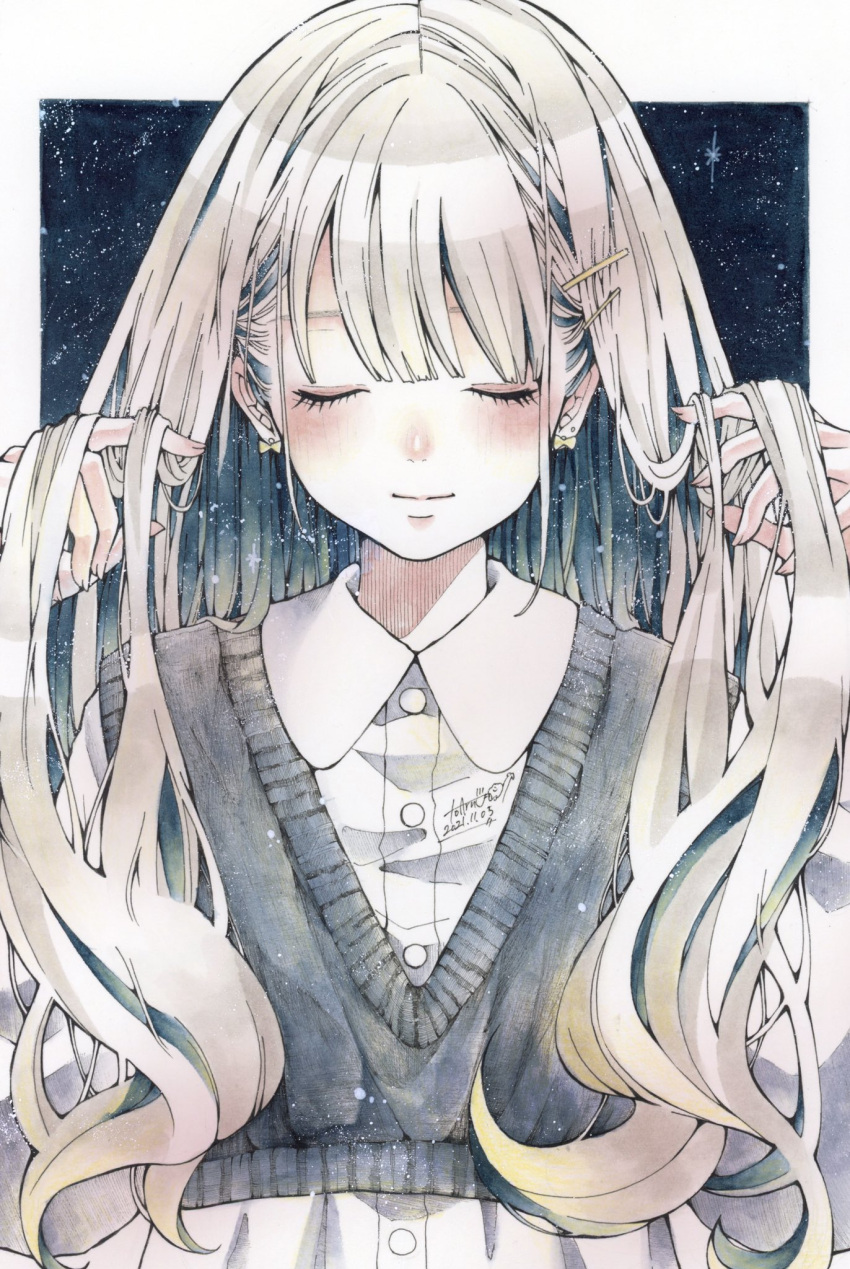 1girl bangs closed_eyes closed_mouth collared_shirt earrings highres holding holding_hair jewelry long_hair original shirt solo star_(sky) sweater toaruocha traditional_media upper_body v-neck white_hair white_shirt