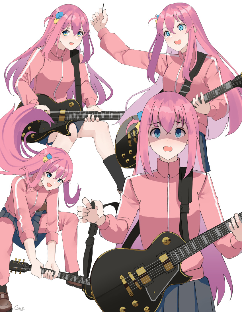 1girl :d absurdres arm_up bangs black_skirt black_socks blue_eyes bocchi_the_rock! brown_footwear commentary electric_guitar gar32 gotou_hitori grey_background guitar hair_between_eyes hair_cubes hair_ornament highres holding holding_instrument instrument jacket loafers long_sleeves multiple_views one_side_up pants pants_under_skirt pink_hair pink_jacket pink_pants pleated_skirt plectrum shaded_face shoes simple_background skirt smile socks tears track_jacket track_pants track_suit v-shaped_eyebrows wavy_mouth