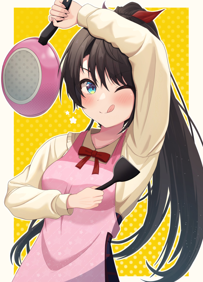 1girl :p adapted_costume alternate_hairstyle apron arm_up bangs blue_eyes blue_skirt blush border bow breasts brown_hair collarbone commentary_request frying_pan grey_border hair_between_eyes hair_ribbon hand_up high_ponytail highres hololive long_hair long_sleeves looking_at_viewer medium_breasts one_eye_closed oozora_subaru pink_apron plaid plaid_skirt ponytail red_bow red_ribbon ribbon shiny shiny_hair skirt solo spatula suicabar72 tongue tongue_out upper_body virtual_youtuber yellow_background
