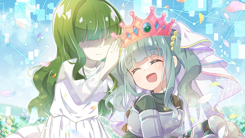 2girls :d absurdres ai-chan_(madoka_magica) aqua_hair aqua_sweater armor armored_boots bangs blue_background blunt_bangs blush boots breastplate closed_eyes closed_mouth colored_skin crown dot_nose dress facing_another falling_petals field flower flower_field frilled_sleeves frills futaba_sana green_hair highres jewelry long_hair magia_record:_mahou_shoujo_madoka_magica_gaiden magical_girl mahou_shoujo_madoka_magica medium_hair megitti multiple_girls necklace no_eyes open_mouth petals ribbed_sweater see-through see-through_sleeves sidelocks sitting sleeves_past_elbows smile split_mouth sweater turtleneck turtleneck_sweater twintails upper_body veil wavy_hair white_dress white_skin