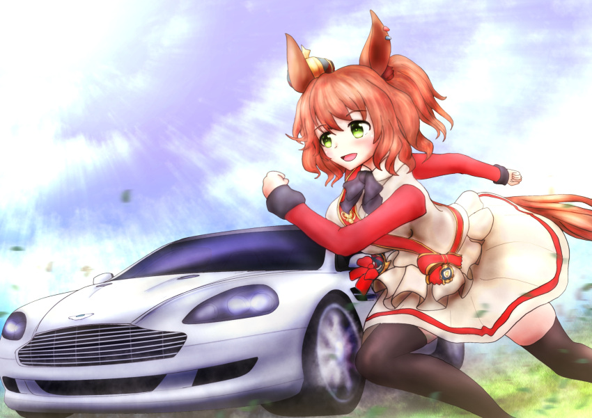 1girl :d animal_ears aston_machan_(umamusume) aston_martin aston_martin_db9 black_bow black_bowtie black_thighhighs bow bowtie breasts brown_hair car check_vehicle crown green_eyes ground_vehicle highres horse_ears horse_girl horse_tail large_breasts medium_hair motor_vehicle name_connection object_namesake running shunaberu sideways_glance smile solo tail thigh-highs umamusume