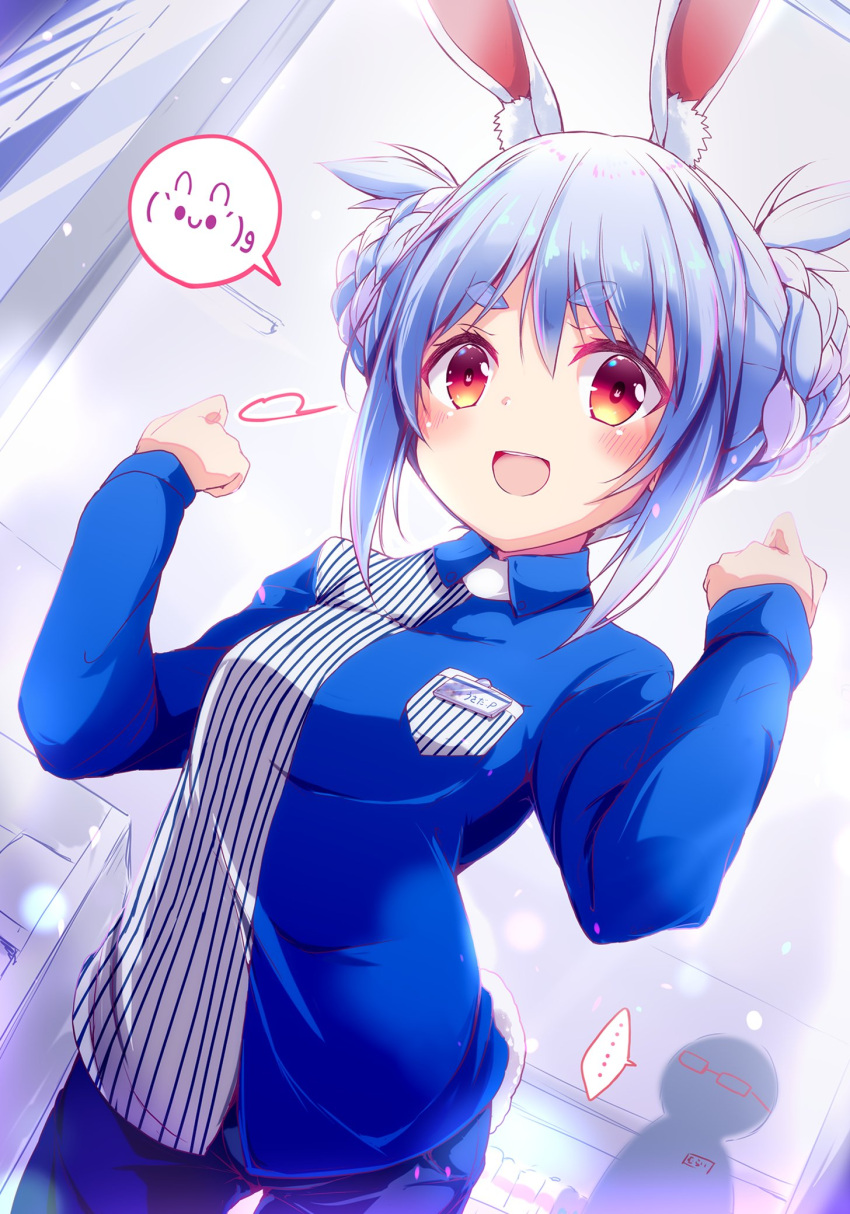 ... 1girl 1other animal_ears arched_back blue_hair braid braided_bun breasts double_bun employee_uniform hair_bun highres hololive lawson multicolored_hair nanaume_(shichimi_tougarashi) open_mouth rabbit_ears rabbit_girl rabbit_tail small_breasts smile spoken_ellipsis spoken_emoticon tail two-tone_hair uniform upper_body usada_pekora white_hair