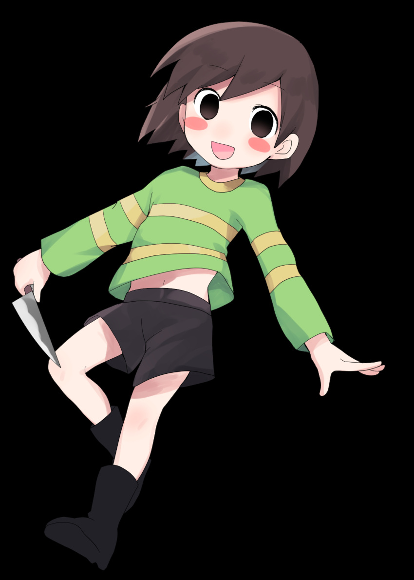 1girl bangs black_background black_shorts brown_hair chara_(undertale) green_sweater highres leg_up long_sleeves navel open_mouth short_hair short_shorts shorts simple_background smile striped striped_sweater sweater undertale xox_xxxxxx