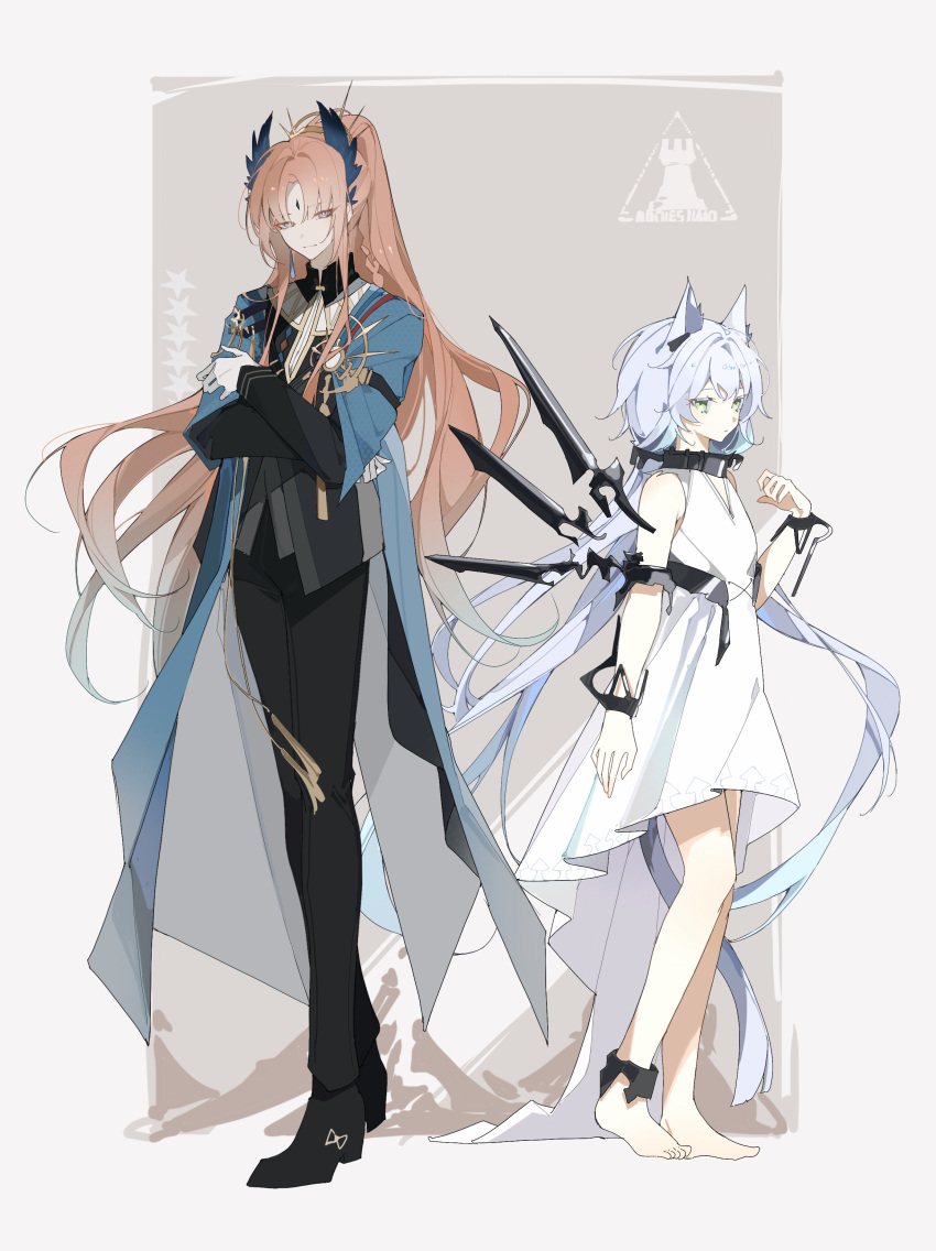 1boy 1girl :| absurdres animal_ears arknights barefoot black_collar black_footwear black_jacket black_pants blue_cape blue_eyes blue_hair bright_pupils cape cat_ears cat_tail closed_mouth collar crossed_arms dress expressionless feather_hair_ornament feathers floating floating_object full_body green_eyes hair_ornament hana_soretsu highres jacket light_blue_hair long_hair looking_at_viewer official_alternate_costume orange_hair pants passenger_(arknights) passenger_(dream_in_a_moment)_(arknights) ponytail rhodes_island_logo rosmontis_(arknights) rosmontis_(become_anew)_(arknights) shoes standing tail very_long_hair white_dress white_pupils