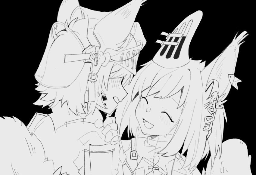 2girls :d ^_^ animal_ears arknights ashlock_(arknights) black_background blush closed_eyes ear_covers ear_tag earpiece face-to-face flametail_(arknights) greyscale hands_on_another's_shoulders highres long_hair mechanical_owl monochrome multiple_girls open_mouth oripathy_lesion_(arknights) portrait simple_background smile squirrel_ears squirrel_girl squirrel_tail sweat tail visor_(armor) visor_lift