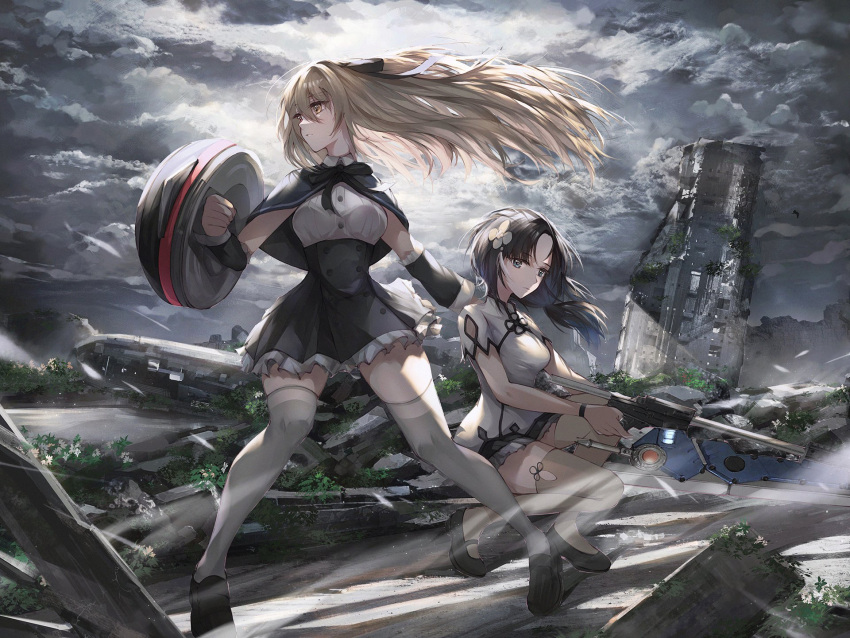 2girls aqua_eyes arm_cutout assault_lily bangs black_capelet black_footwear black_hair black_ribbon black_skirt breasts building buttons capelet closed_mouth clothing_cutout clouds cloudy_sky collared_shirt commentary day detached_sleeves floating_hair flower frilled_skirt frilled_sleeves frills grey_sky grey_thighhighs gun hair_between_eyes hair_flower hair_ornament hair_ribbon hcl_(hsiehdrew) heterochromia high-waist_skirt highres holding holding_gun holding_shield holding_weapon kuo_shenlin legs_apart light_brown_hair loafers long_hair looking_away looking_to_the_side low_ponytail medium_breasts miniskirt multiple_girls neck_ribbon outdoors outstretched_arm parted_bangs parted_lips red_eyes ribbon ruins school_uniform shield shiny shiny_hair shirt shoes short_sleeves side_ponytail skirt sky squatting standing sunlight tassel tassel_hair_ornament thigh-highs very_long_hair wang_yujia weapon white_flower white_thighhighs wristband yellow_eyes yurigaoka_girls_academy_school_uniform zettai_ryouiki