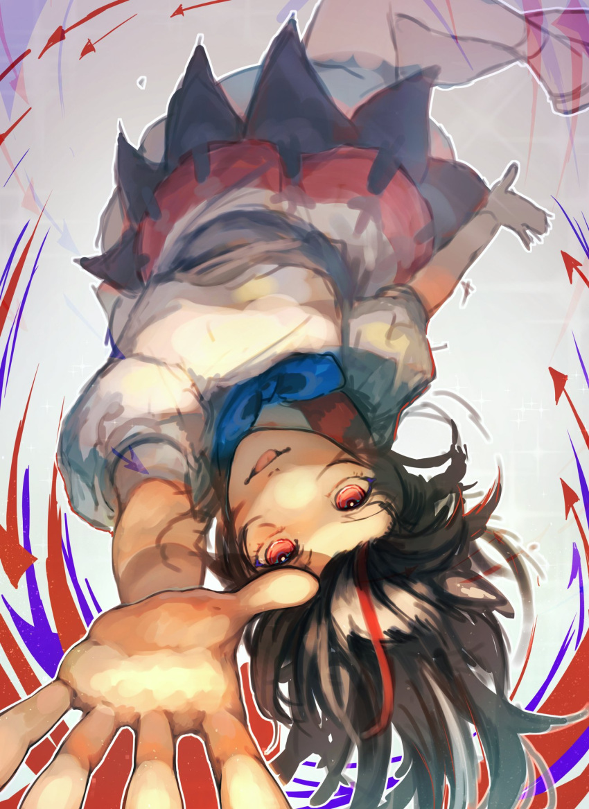 1girl arrow_(symbol) black_hair blue_bow blue_bowtie bow bowtie highres horns kijin_seija korukua looking_at_viewer multicolored_hair open_mouth red_eyes redhead short_hair short_sleeves solo streaked_hair touhou upside-down white_background white_hair