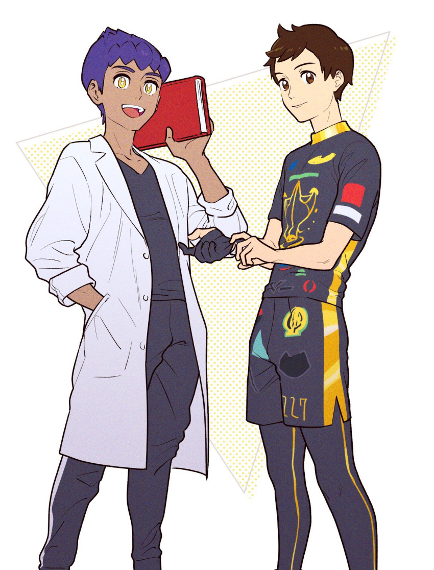 2boys :d bangs book bright_pupils brown_eyes brown_hair closed_mouth commentary_request dark-skinned_male dark_skin gloves hand_in_pocket hand_up highres holding holding_book hop_(pokemon) labcoat leggings legwear_under_shorts male_focus multiple_boys open_mouth pants partially_fingerless_gloves pokemon pokemon_(game) pokemon_swsh purple_hair sankaku shirt short_hair short_sleeves shorts single_glove smile teeth tongue upper_teeth victor_(pokemon) white_pupils yellow_eyes