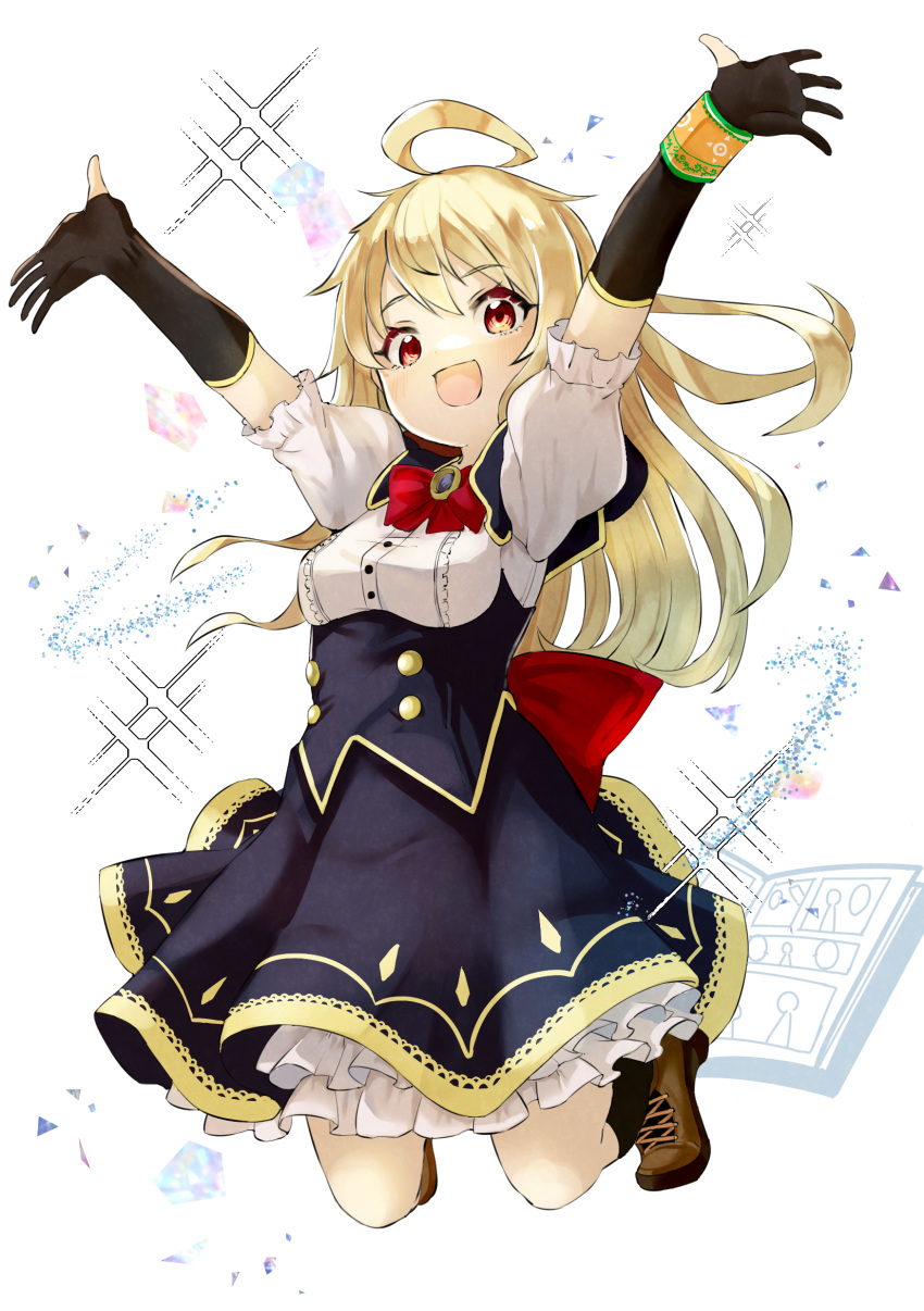 1girl absurdres ahoge arms_up bangs black_gloves black_skirt blonde_hair boots bow bowtie brooch brown_footwear cross-laced_footwear elbow_gloves frilled_skirt frills full_body gloves gold_trim hair_between_eyes highres jewelry jumping lace-up_boots layered_skirt long_hair looking_at_viewer manga_(object) orange_eyes original partially_fingerless_gloves puffy_short_sleeves puffy_sleeves red_bow red_bowtie short_sleeves skirt solo sparkle_background waist_bow white_background yunekoko