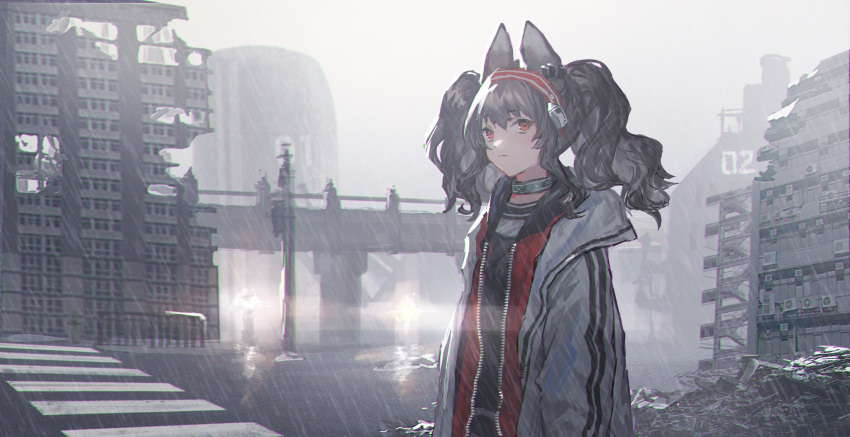 1girl angelina_(arknights) animal_ears arknights black_collar black_shirt brown_hair building coat collar damaged earpiece fox_ears fox_girl hairband highres infection_monitor_(arknights) long_hair looking_at_viewer mira_(345toron) open_clothes open_coat orange_eyes outdoors rain red_hairband ruins scenery shirt sidelocks solo striped striped_hairband twintails upper_body white_coat