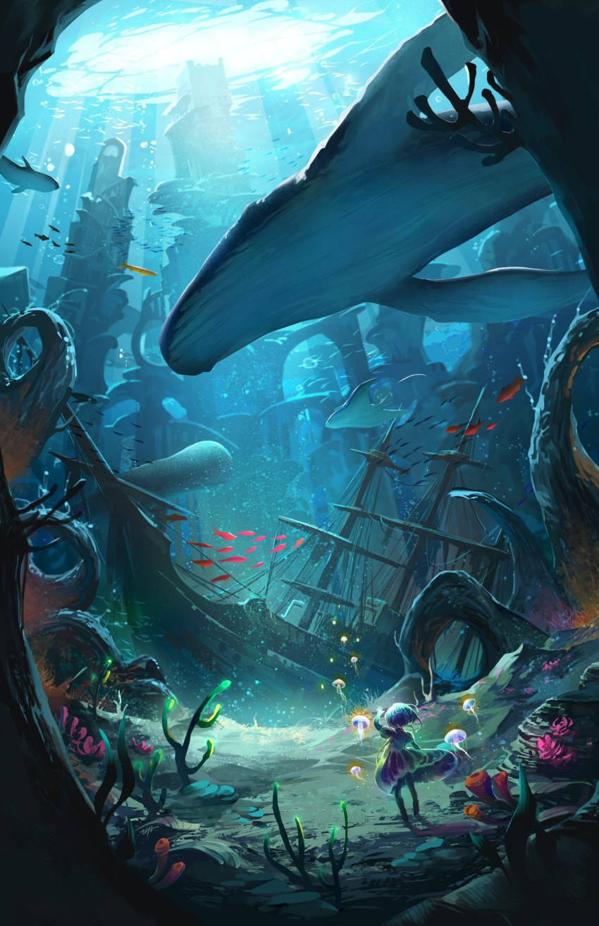 1girl blue_theme coral day english_commentary fantasy fish highres jellyfish manta_ray mast ocean original outdoors ruins scenery school_of_fish ship sunken sunlight tooaya underwater watercraft whale