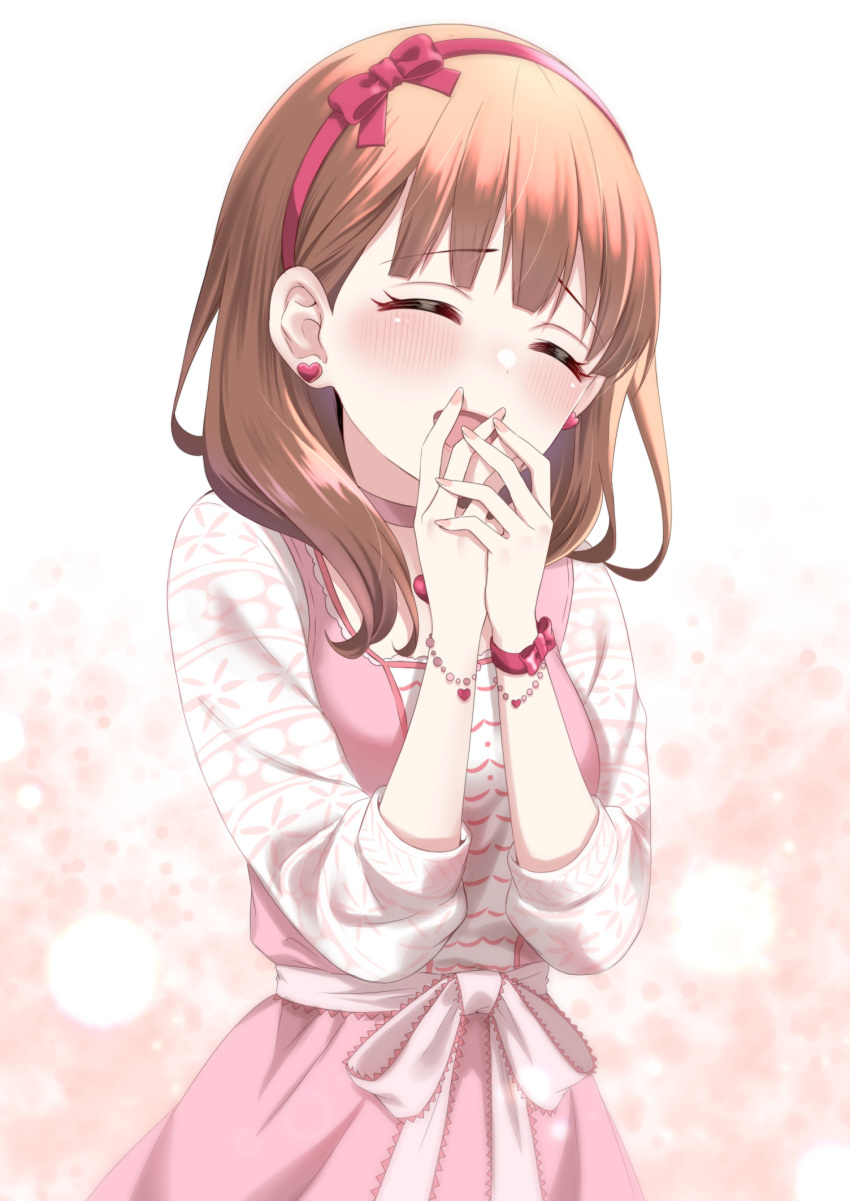 1girl bangs bead_bracelet beads blush bobbles bow bracelet breasts brown_hair closed_eyes commentary covering_mouth dot_nose dress earrings eyelashes hair_bow hairband hands_up heart heart_earrings highres idolmaster idolmaster_cinderella_girls jewelry laughing long_sleeves medium_breasts medium_hair open_mouth pink_background pink_dress red_bow sakuma_mayu solo tottoto_tomekichi waist_bow wristband