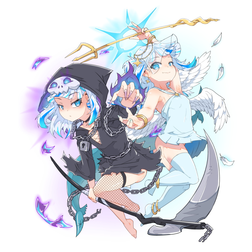 2girls arm_up armpits asymmetrical_legwear bangs bare_shoulders blue_eyes blue_hair blunt_bangs bracelet chain dress feathers fish_tail fishnet_pantyhose fishnets gawr_gura grey_hair habit halo highres hololive hololive_english hood hoodie jewelry long_hair long_sleeves mask medium_hair mismatched_legwear moral_cacoethes multicolored_hair multiple_girls pantyhose polearm scythe shark_girl shark_tail single_thighhigh skull_mask streaked_hair tail thigh-highs trident two_side_up virtual_youtuber weapon