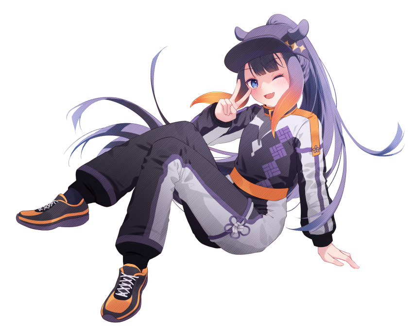 1girl ;d adapted_costume alternate_costume alternate_hairstyle animal_ears arm_support bangs baseball_cap black_footwear black_headwear blue_eyes blunt_bangs blush commentary ears_through_headwear english_commentary fang flat_chest full_body gradient_hair hat high_ponytail highres hololive hololive_english jacket long_hair looking_at_viewer multicolored_hair ninomae_ina'nis one_eye_closed open_mouth orange_hair pants purple_hair shoes sidelocks simple_background skin_fang smile sneakers solo tentacle_hair track_jacket track_pants track_suit v very_long_hair virtual_youtuber white_background xiao_yung_lin