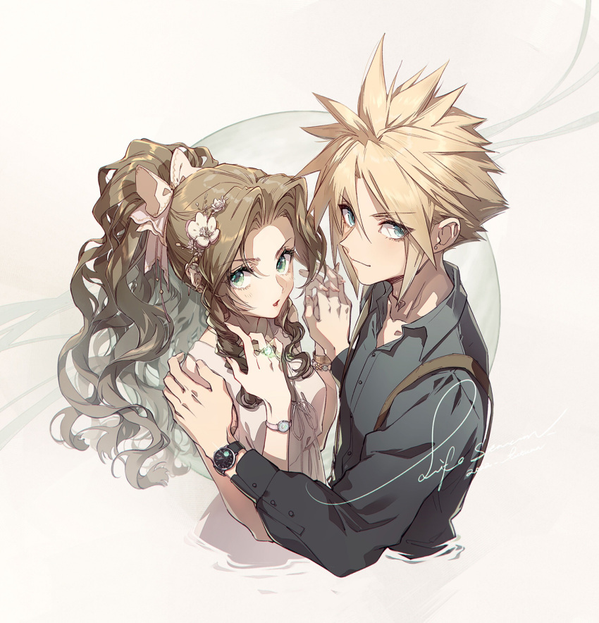 1boy 1girl aerith_gainsborough alternate_costume bangle bangs blonde_hair blue_eyes bracelet breasts brown_hair cloud_strife collared_shirt couple dress final_fantasy final_fantasy_vii final_fantasy_vii_remake flower green_eyes grey_shirt hair_between_eyes hair_flower hair_ornament hair_ribbon hand_on_another's_shoulder hetero highres holding_hands jewelry kieta light_blush light_smile long_hair long_sleeves looking_at_viewer medium_breasts merchandise parted_bangs parted_lips pink_ribbon ponytail ribbon ring shirt short_hair sidelocks sleeveless sleeveless_dress spiky_hair suspenders upper_body watch watch wavy_hair white_dress