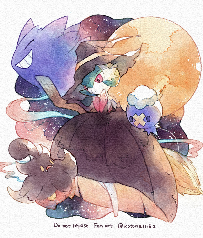 bangs broom brown_dress commentary dress drifloon fangs flipped_hair gardevoir gengar green_hair grin halloween hatted_pokemon highres kotone11152 looking_down mega_gardevoir mega_pokemon pink_eyes pokemon pokemon_(creature) pumpkaboo smile yellow_eyes