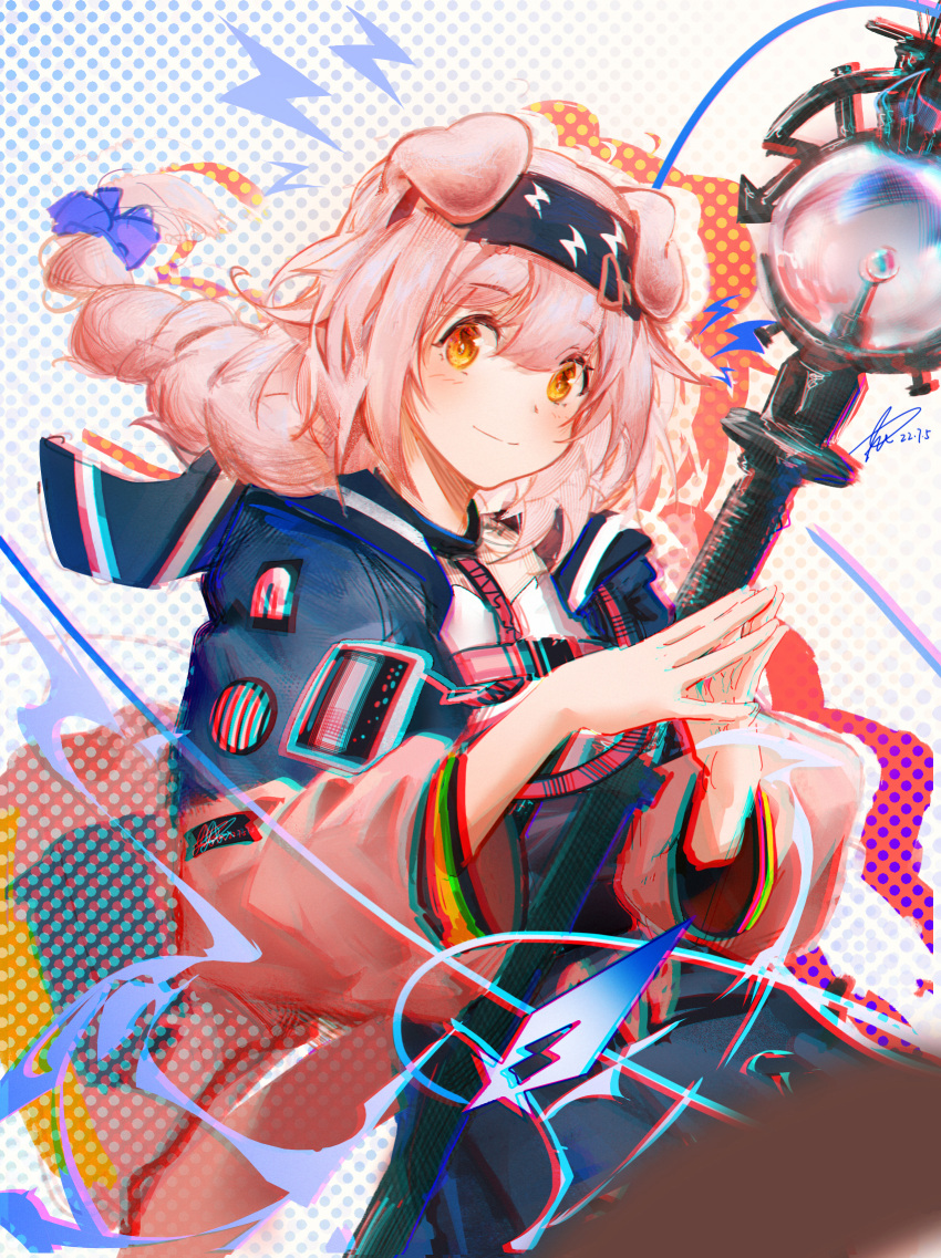 1girl animal_ears arknights black_hairband black_skirt blue_bow blue_jacket bow braid cat_ears cat_girl chromatic_aberration dated dotted_background fenrir_(fenlix) floppy_ears goldenglow_(arknights) hair_bow hairband highres holding holding_staff id_card jacket lanyard lightning_bolt_print lightning_bolt_symbol long_hair long_sleeves looking_at_viewer multicolored_clothes multicolored_jacket open_clothes open_jacket pink_jacket print_hairband shirt signature skirt smile solo staff two-tone_jacket upper_body white_shirt yellow_eyes