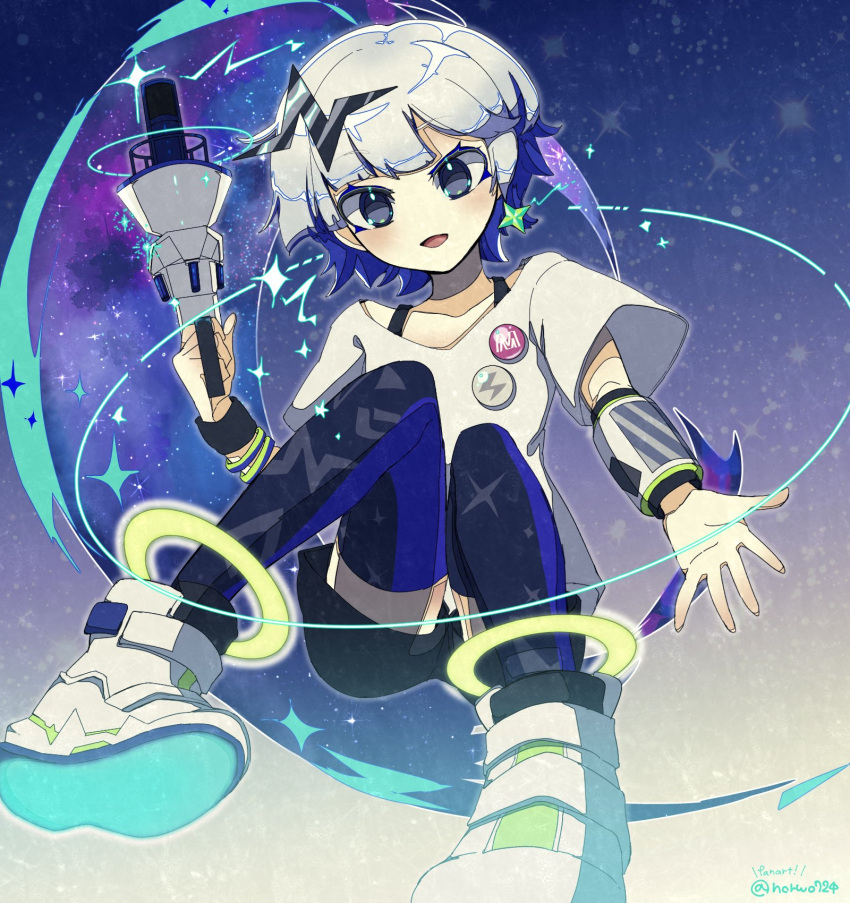 1girl bangs blue_eyes blue_hair earrings eclair_groove floating hair_ornament highres jewelry looking_at_viewer metro_mew multicolored_hair norwo724 pin shirt shoes short_hair short_sleeves shorts smile solo thigh-highs two-tone_hair virtual_youtuber white_footwear white_hair