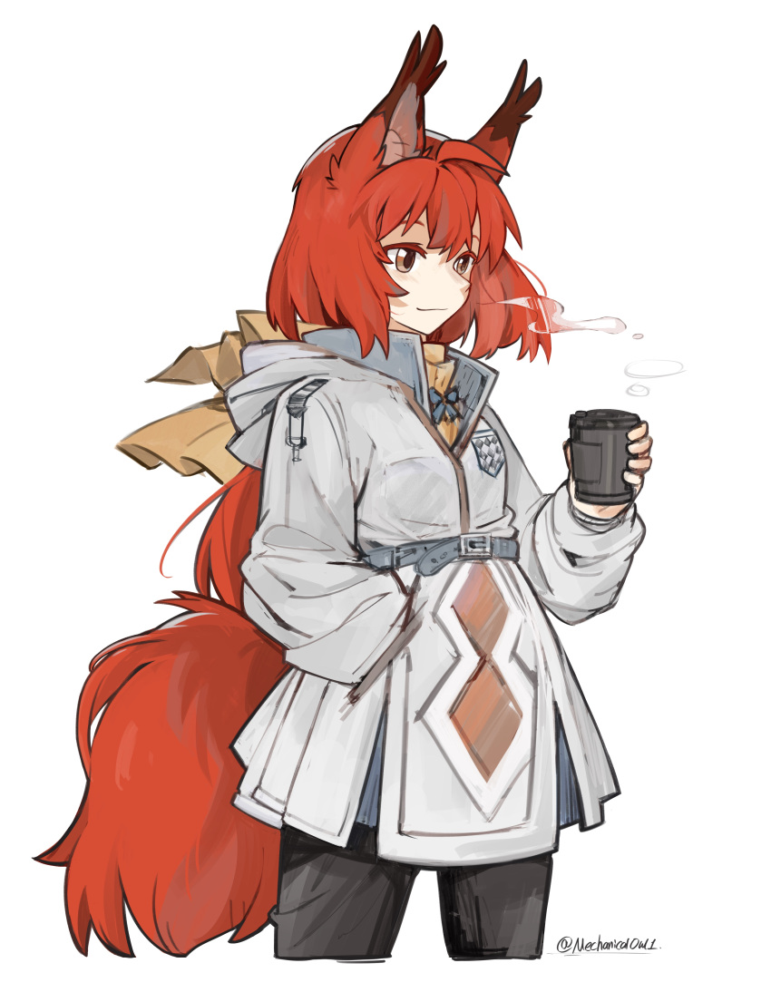 1girl absurdres animal_ears arknights bangs brown_eyes closed_mouth coat commentary_request cropped_legs cup flametail_(arknights) hand_up highres holding holding_cup looking_to_the_side mechanical_owl redhead simple_background smile solo squirrel_ears squirrel_girl squirrel_tail tail twitter_username upper_body white_background winter_clothes
