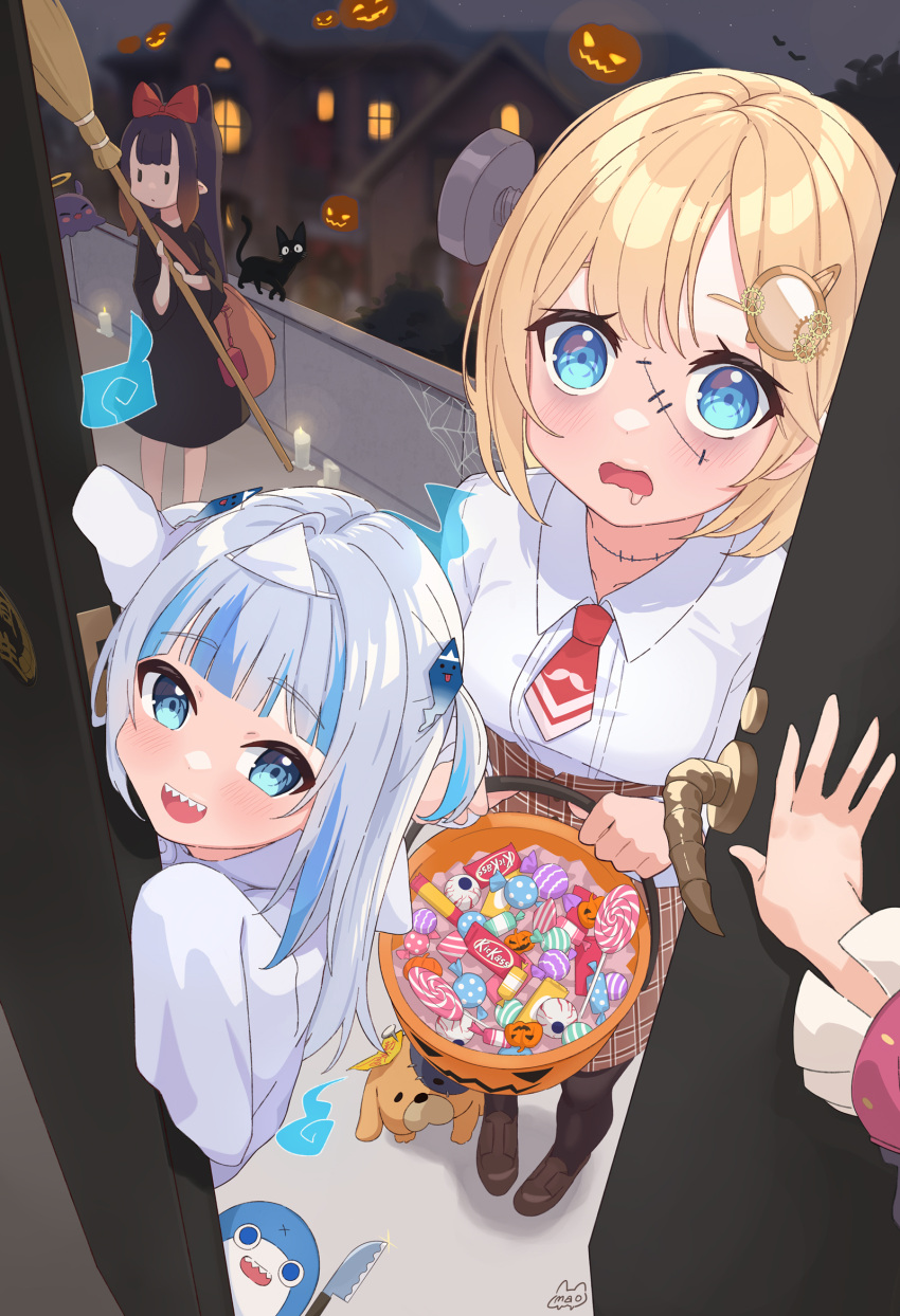 1girl 3girls blonde_hair bloop_(gawr_gura) blue_eyes blue_hair bow broom bubba_(watson_amelia) candy costume food gawr_gura hair_bow hair_ornament halloween highres hololive long_sleeves looking_at_viewer monocle multicolored_hair multiple_girls necktie ninomae_ina'nis pumpkin sharp_teeth streaked_hair takodachi_(ninomae_ina'nis) teeth virtual_youtuber watson_amelia white_hair