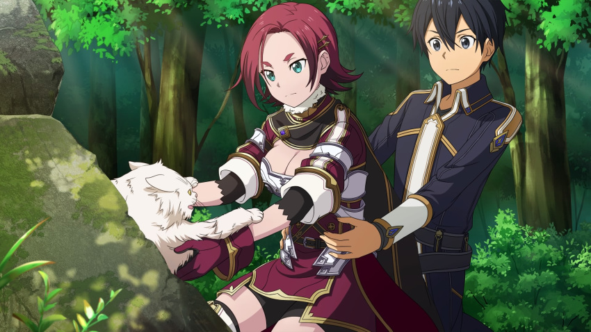 1boy 1girl black_eyes black_hair blue_eyes cat day forest hair_ornament hairclip highres medina_orthinanos moss nature non-web_source outdoors redhead rock sunlight sword_art_online tagme