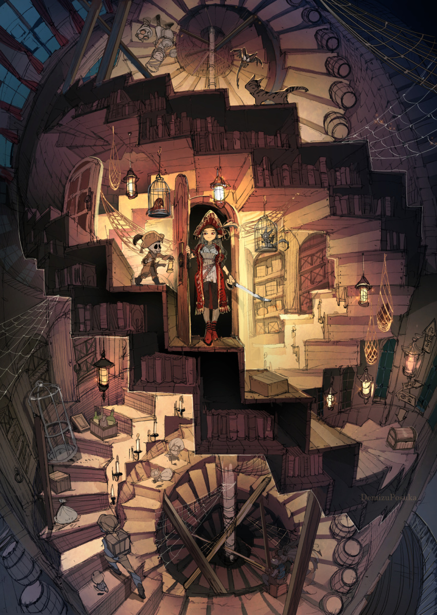 1girl 3others animal bandana bat_(animal) birdcage black_hair book cage candle cat commentary_request crate demizu_posuka hat highres holding holding_lantern holding_sword holding_weapon in_cage indoors lantern long_hair multiple_others original pirate pirate_hat red_eyes scenery silk skeleton spider_web stairs sword weapon