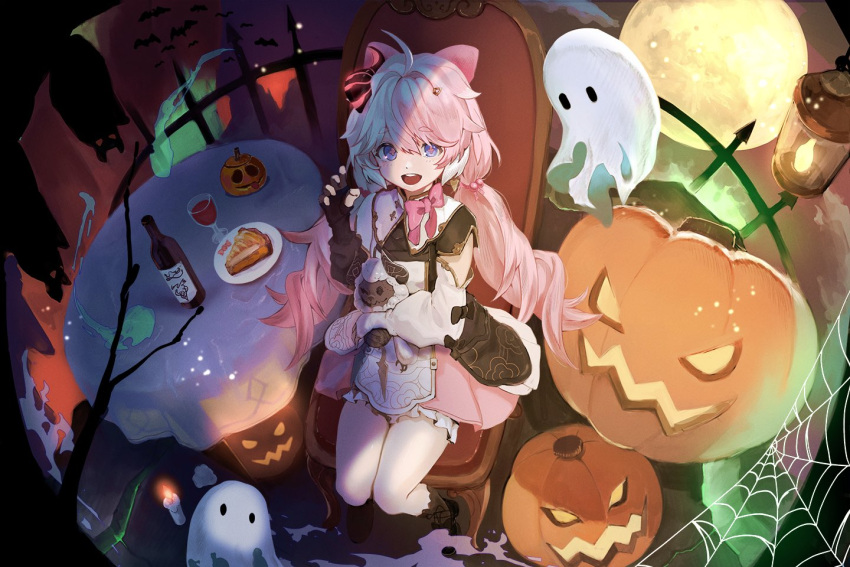 +_+ 1girl ahoge bat_(animal) bat_wings blue_eyes braid candle chair clouds detached_sleeves dress fence food ghost hair_between_eyes halloween hand_up harutask horns lantern long_hair looking_at_viewer moon night pie pink_dress pink_hair pumpkin silk single_horn sitting smile spider_web table twin_braids wings wuthering_waves