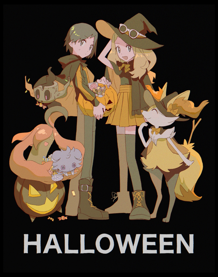 1boy 1girl absurdres adapted_costume arm_up asagiri_kogen bangs blonde_hair boots braixen calem_(pokemon) candy candy_wrapper closed_mouth commentary espurr eyewear_on_headwear food gourgeist halloween hat highres jack-o'-lantern long_hair pants phantump pleated_skirt pokemon pokemon_(creature) pokemon_(game) pokemon_xy serena_(pokemon) short_hair skirt standing sunglasses sweatdrop symbol-only_commentary thigh-highs witch_hat