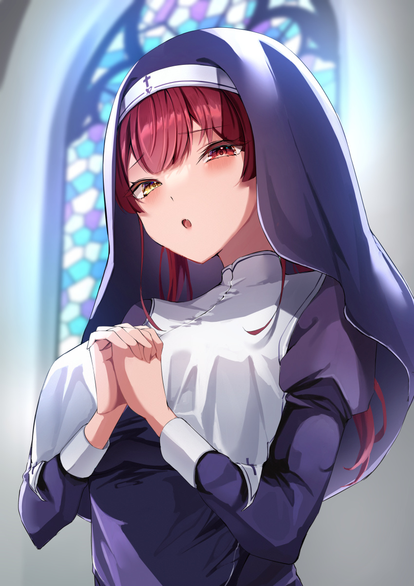 1girl 2022 absurdres bangs black_headwear breasts church heterochromia highres hololive houshou_marine large_breasts long_sleeves looking_at_viewer nun official_alternate_costume open_mouth own_hands_together red_eyes redhead scarf_(50464982) solo upper_body virtual_youtuber yellow_eyes