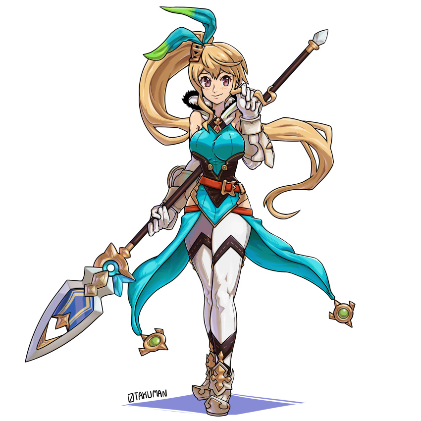 1girl absurdres bangs bare_shoulders breasts detached_sleeves dragalia_lost elisanne gloves hair_ribbon hair_twirling highres holding holding_polearm holding_weapon lance long_hair looking_at_viewer medium_breasts orange_hair otakuman polearm ponytail ribbon sidelocks smile solo very_long_hair violet_eyes waist_cape watermark weapon white_gloves wrist_cuffs