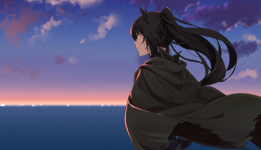 1girl absurdres animal_ears arknights black_cape blue_eyes blurry blurry_background cape clouds day depth_of_field from_behind gradient_sky highres horse_ears long_hair looking_afar looking_away meteor_(arknights) ocean outdoors parted_lips ponytail shijie_jianfa sky smile solo sunlight upper_body water